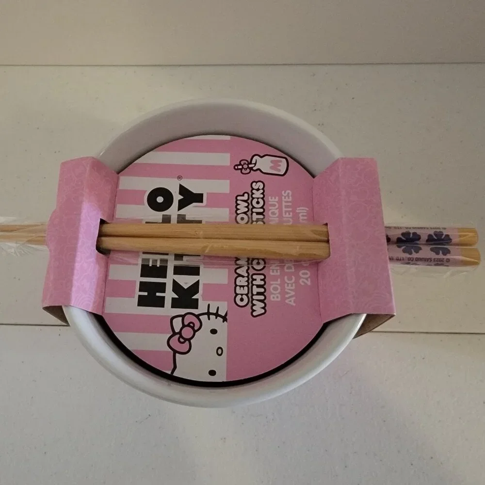 Hello Kitty Tokyo Pink Stripes Ramen Bowl Chopsticks Set New Sanrio Kawaii Ceram